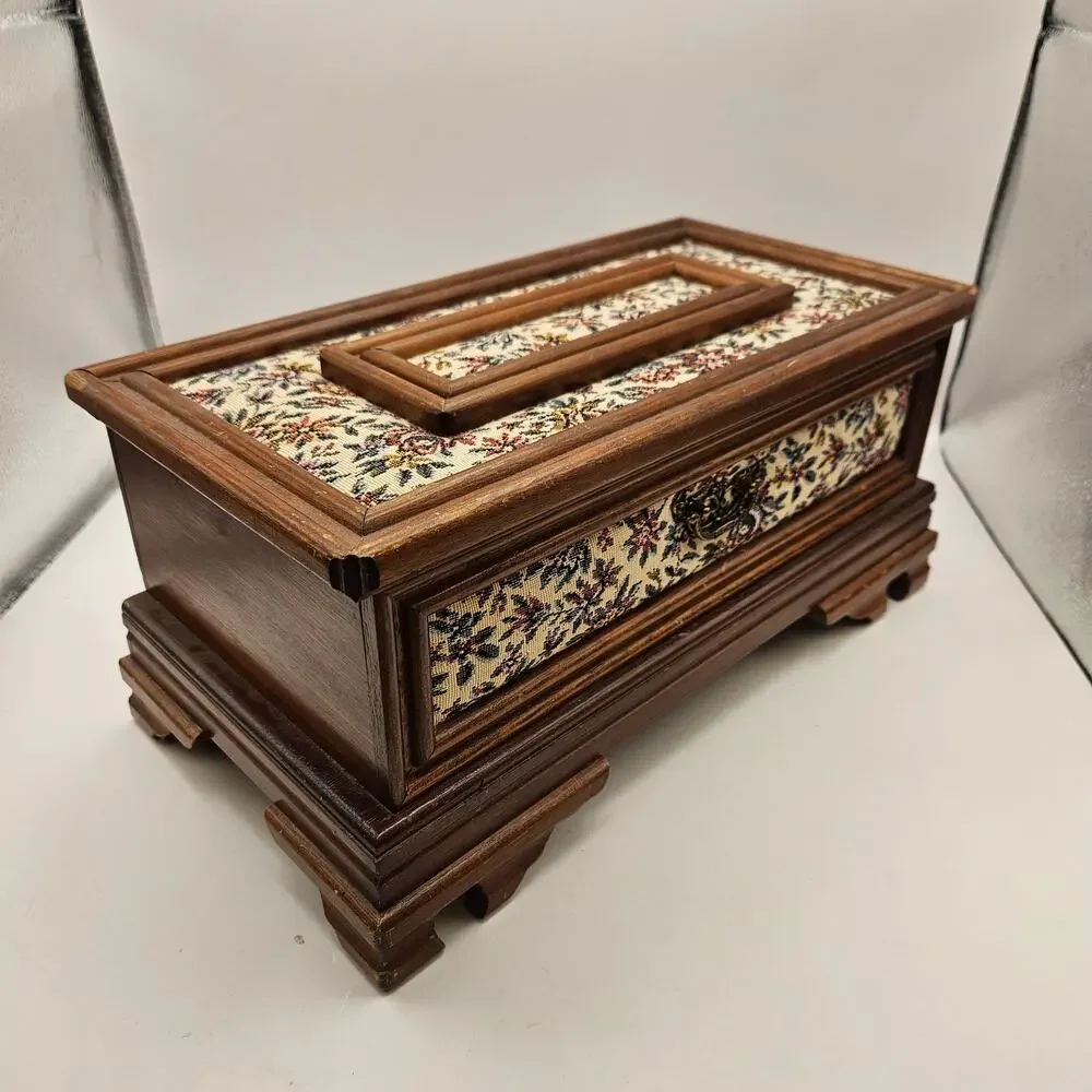 PAT YOSHIKAWA JAPAN WOODEN FLORAL JEWELRY BOX MIRROR RING ORGANIZER